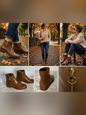 Michael Kors Lainey Ankle Boots Brown Gold Zip Size 7M